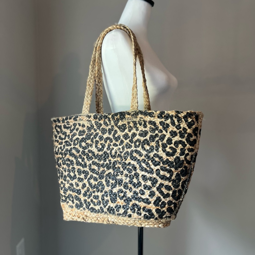 Leopard Print Large Straw Tote Bag